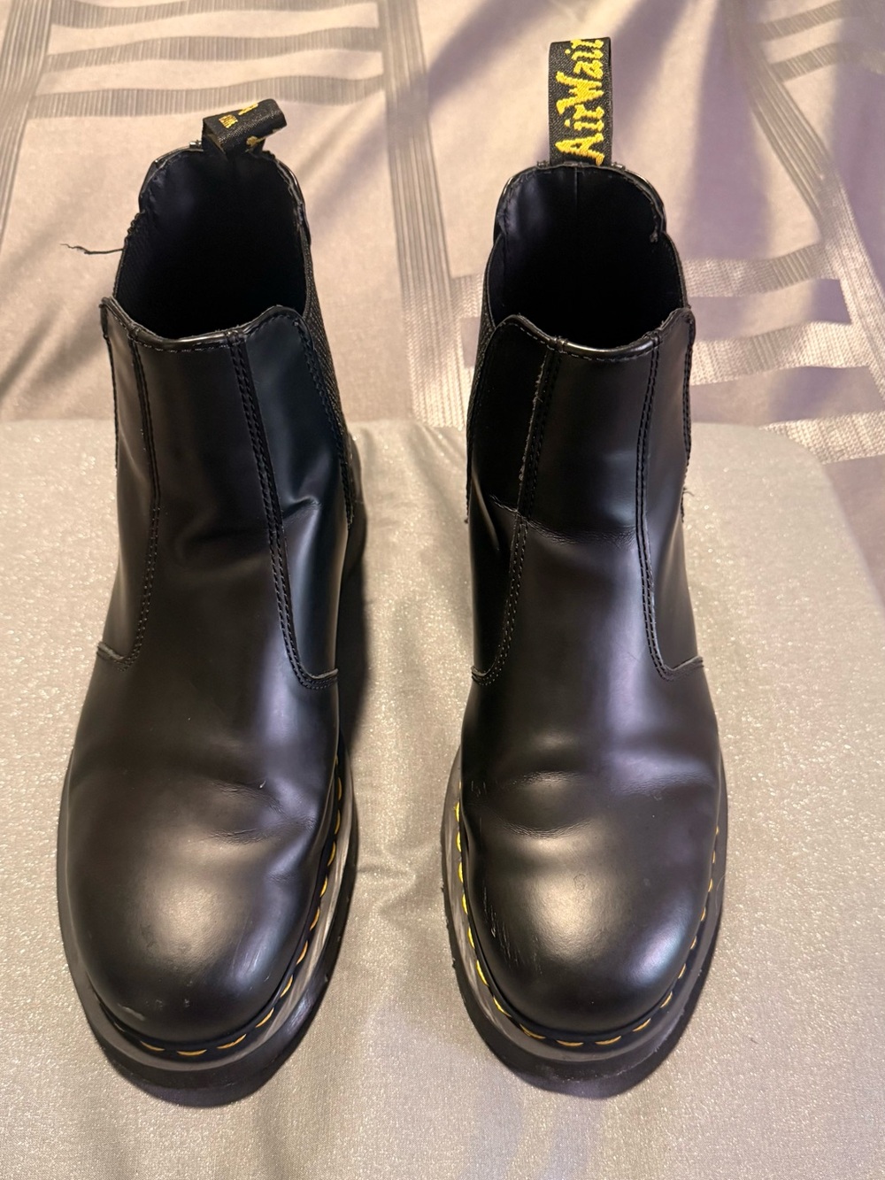 DR. MARTENS: Smooth Leather Black Chelsea Boots with Yellow Stitching - size 11
